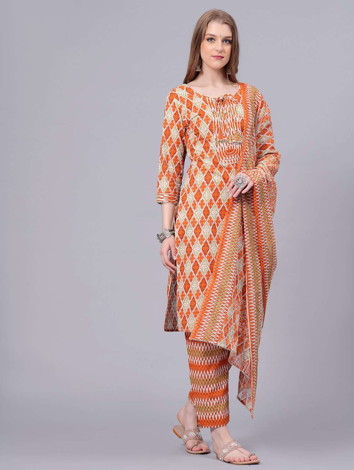 women printed three quarter sleeve kurta pant with dupatta set - 22558677 -  Standard Image - 1