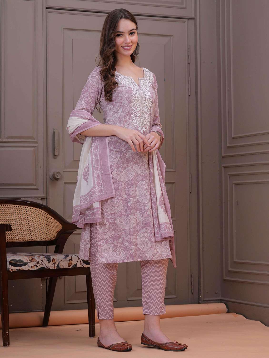 Women Printed Three Quarter Sleeve Kurta Pant With Dupatta Set - 22558688 -  Standard Image - 4