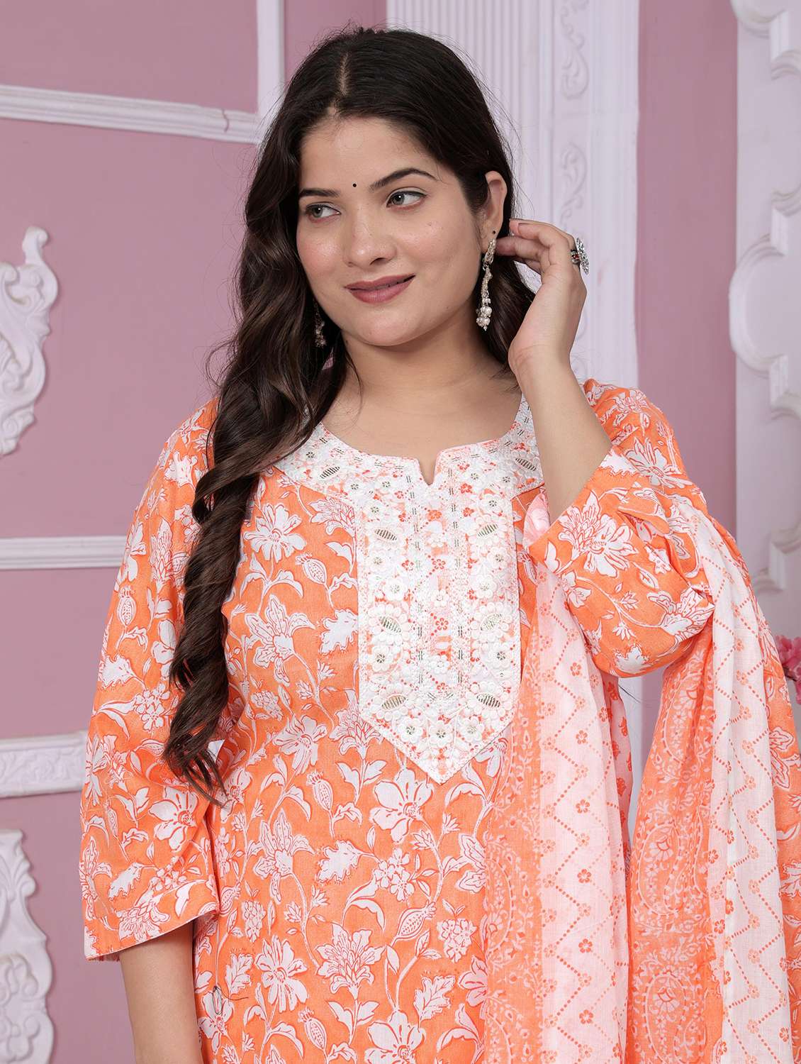 women printed three quarter sleeve kurta pant with dupatta set - 22558695 -  Standard Image - 1
