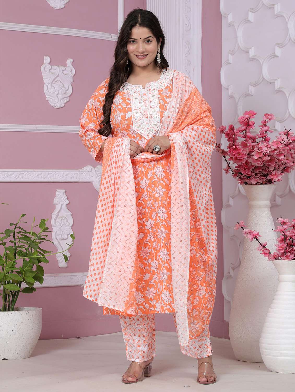 women printed three quarter sleeve kurta pant with dupatta set - 22558695 -  Standard Image - 4