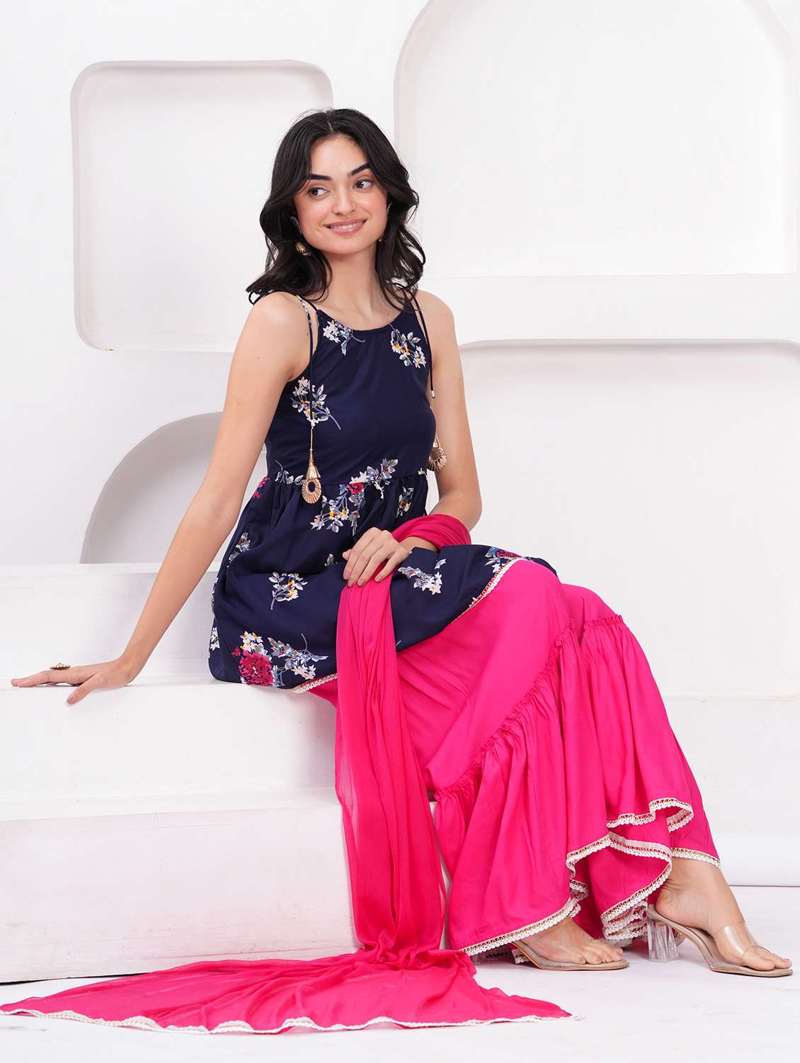 women floral shoulder strap kurta sharara with dupatta set
