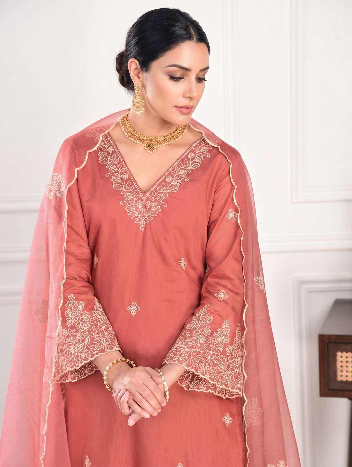 women embroidered long sleeve kurta palazzo with dupatta set - 22558717 -  Standard Image - 1