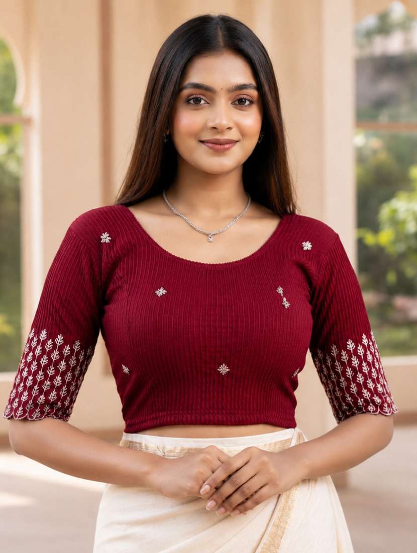 women embroidered round neck stitched blouse