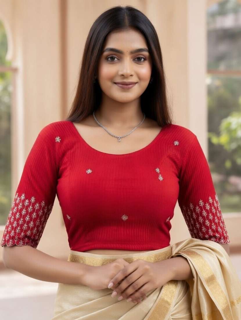 women embroidered round neck stitched blouse