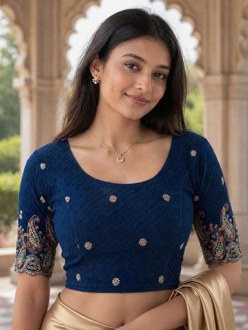 women embroidered round neck stitched blouse