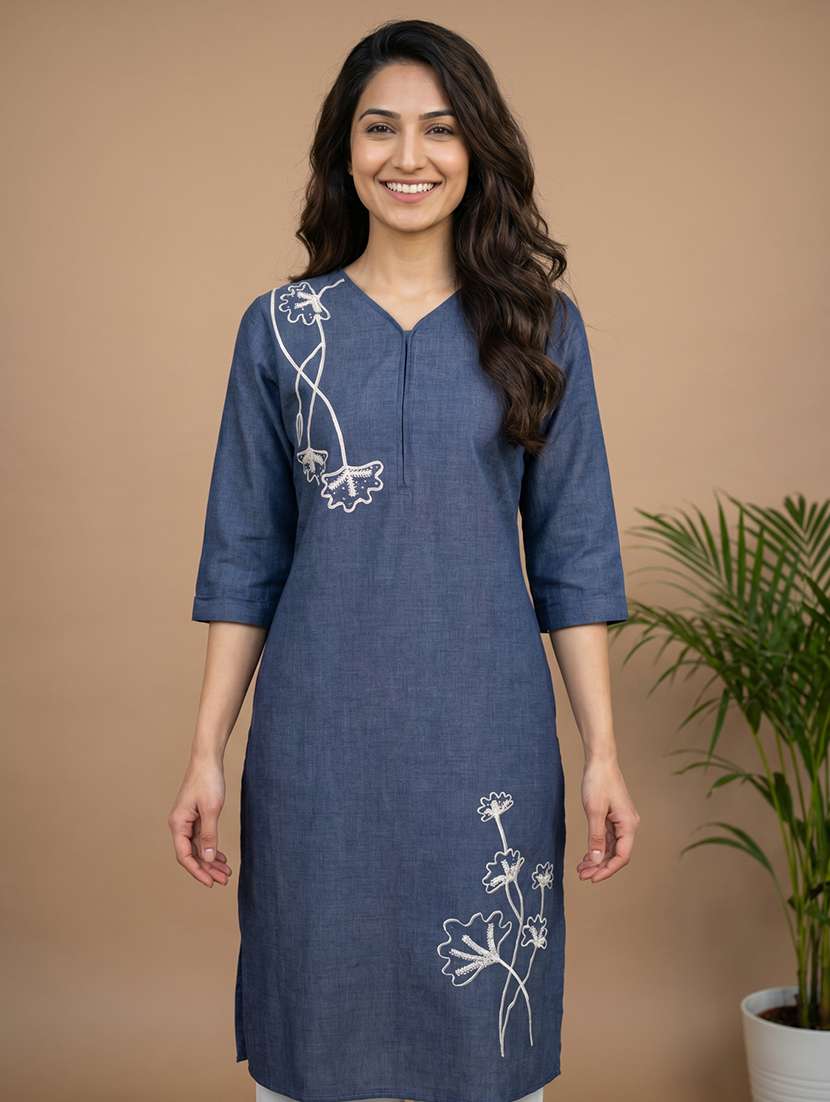 women embroidered three quarter sleeve straight kurta - 22562704 -  Standard Image - 1