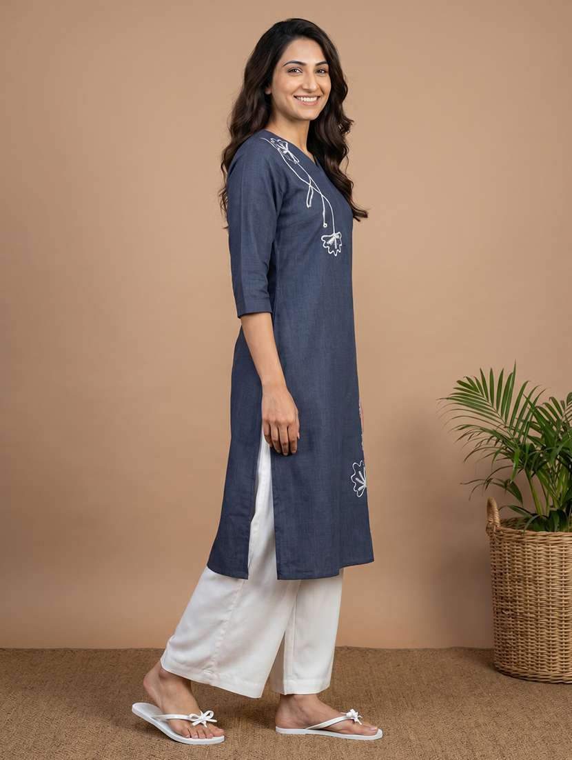 women embroidered three quarter sleeve straight kurta - 22562704 -  Standard Image - 4