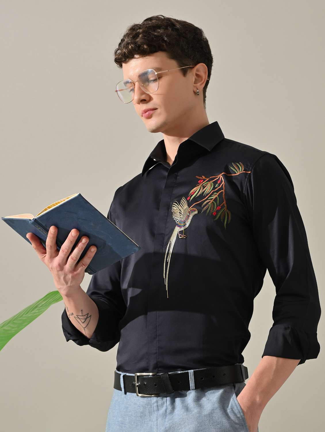 men embellished long sleeve slim fit casual shirt