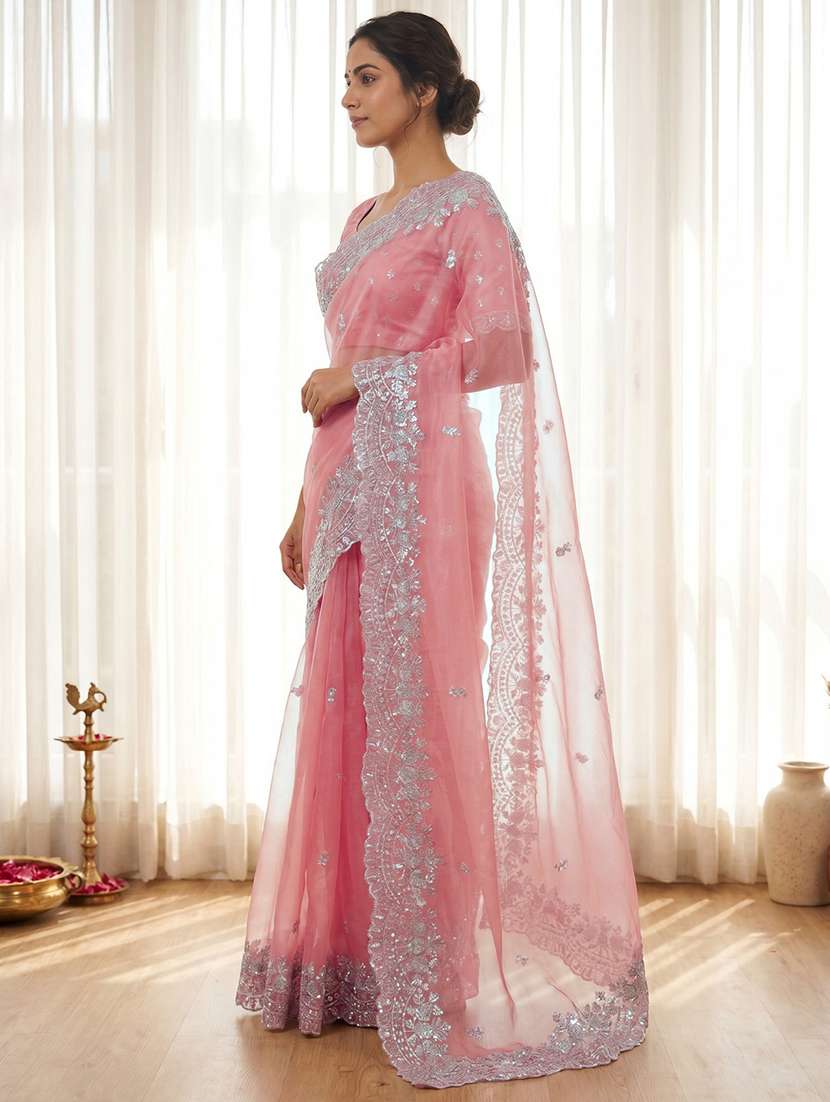 women solid with work embroidered saree with blouse - 22563052 -  Standard Image - 1