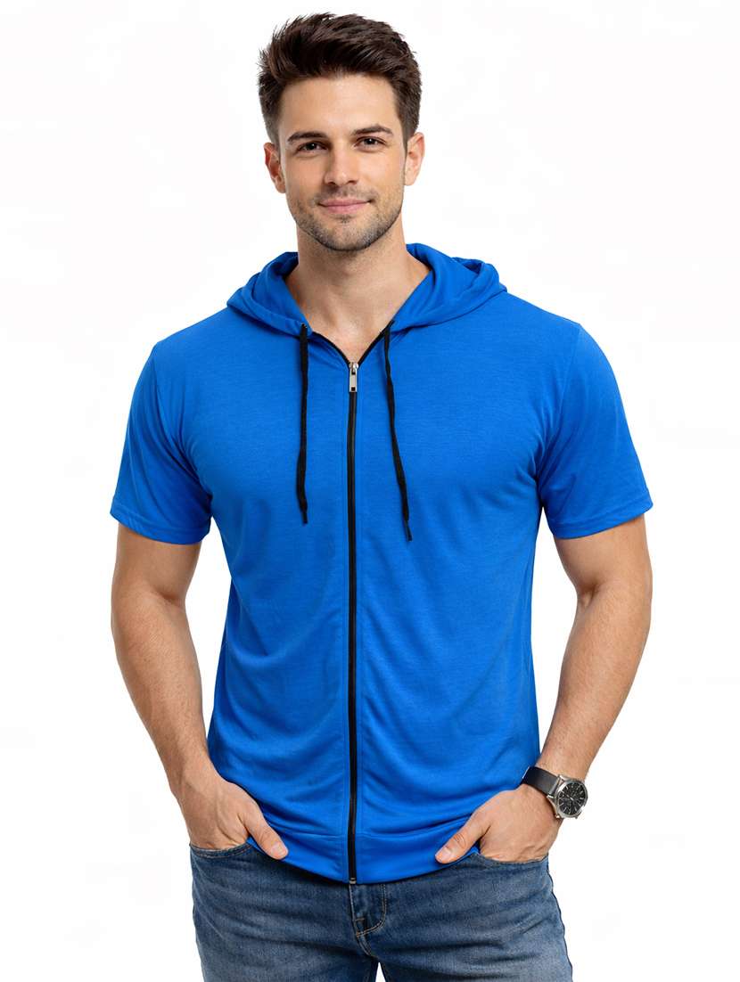 men solid short sleeves hooded t-shirt