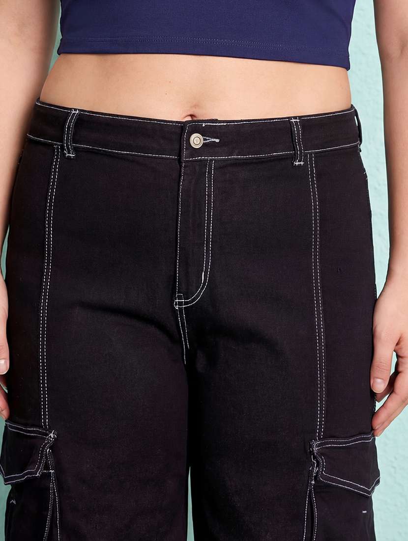 black high rise wide leg denim solid cargo pants - 22564832 -  Standard Image - 1