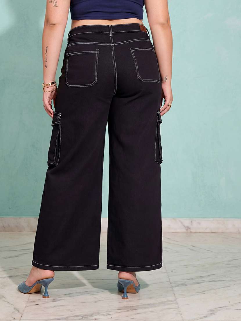 black high rise wide leg denim solid cargo pants - 22564832 -  Standard Image - 4