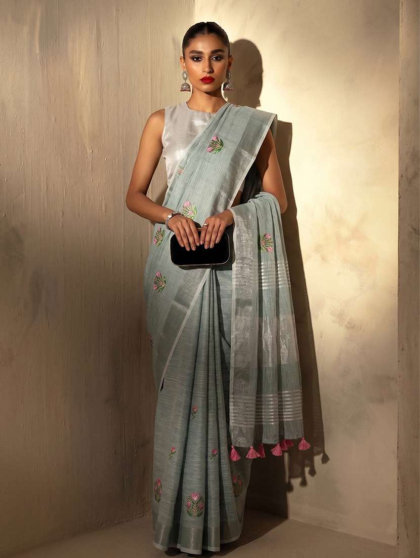Women Solid With Work Embroidered Saree With Blouse - 22565085 -  Standard Image - 1