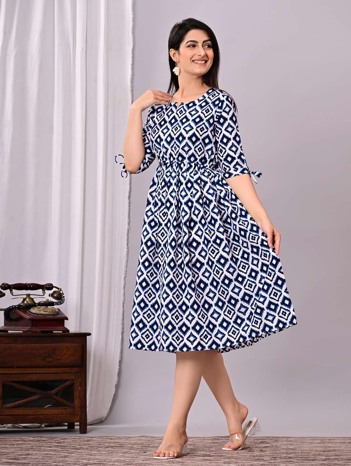Women Printed Three Quarter Sleeves A-line Dress - 22565277 -  Standard Image - 1