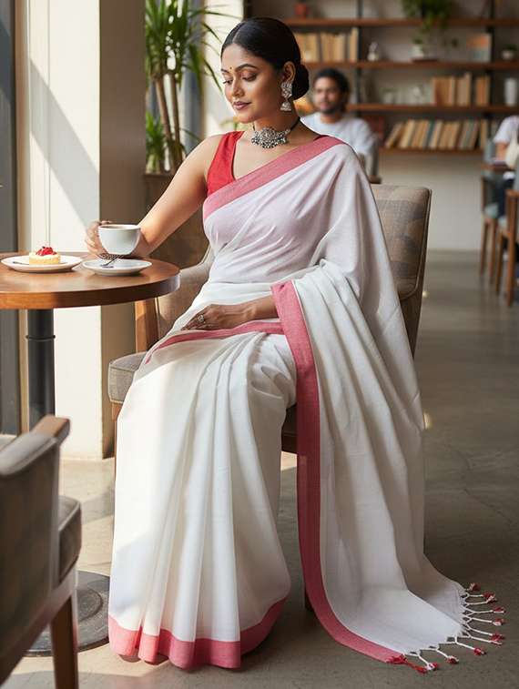 women solid with bordered handloom saree - 22565339 -  Standard Image - 4