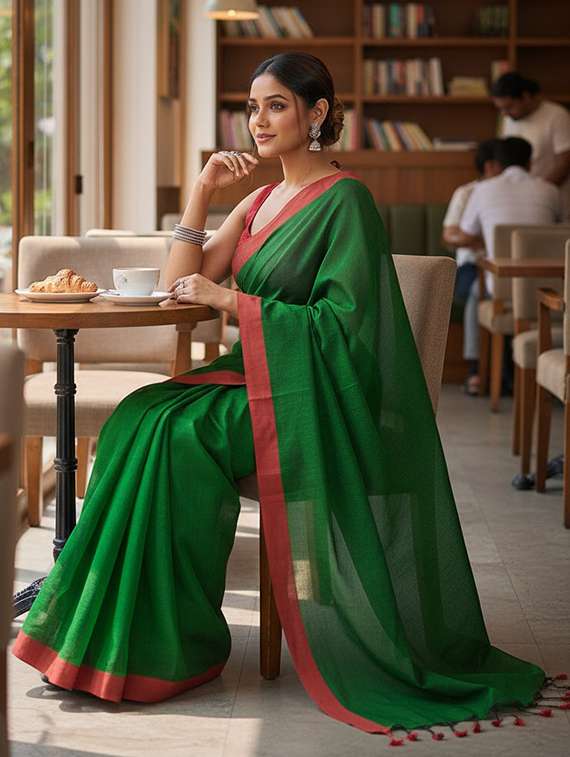women solid with bordered handloom saree - 22565340 -  Standard Image - 4