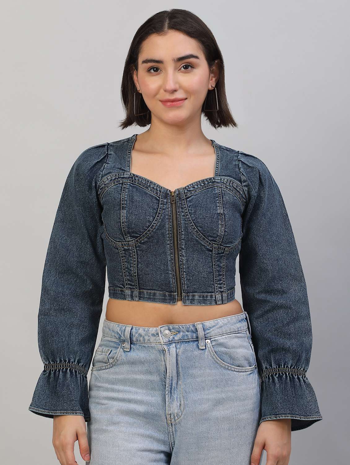 women solid long sleeves crop top