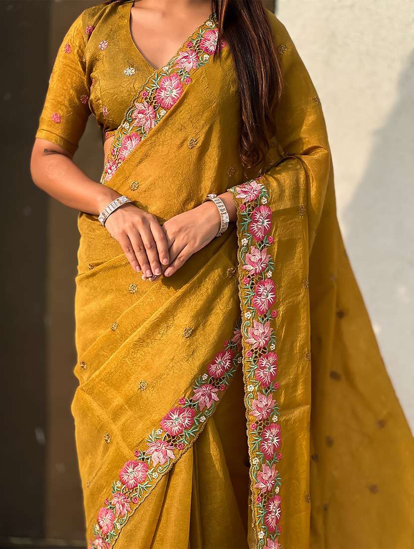 women solid with work embroidered saree with blouse - 22565513 -  Standard Image - 4