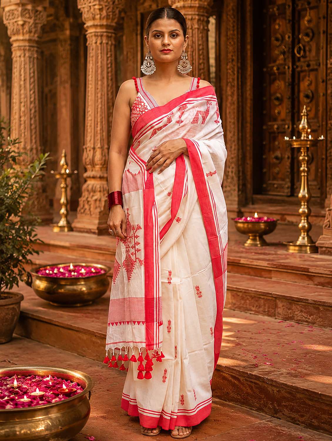 Women Printed Handloom Saree With Blouse - 22565732 -  Standard Image - 1