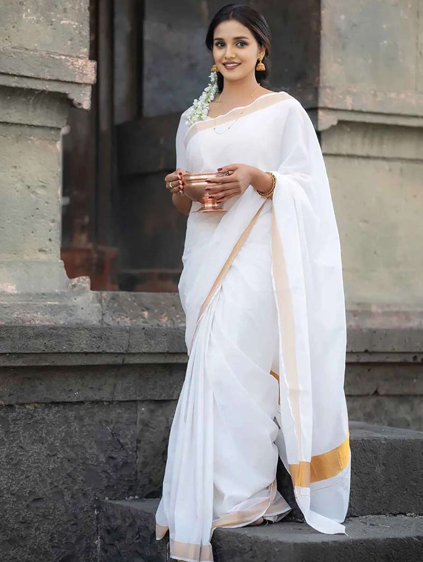 women solid with bordered kasavu saree with blouse