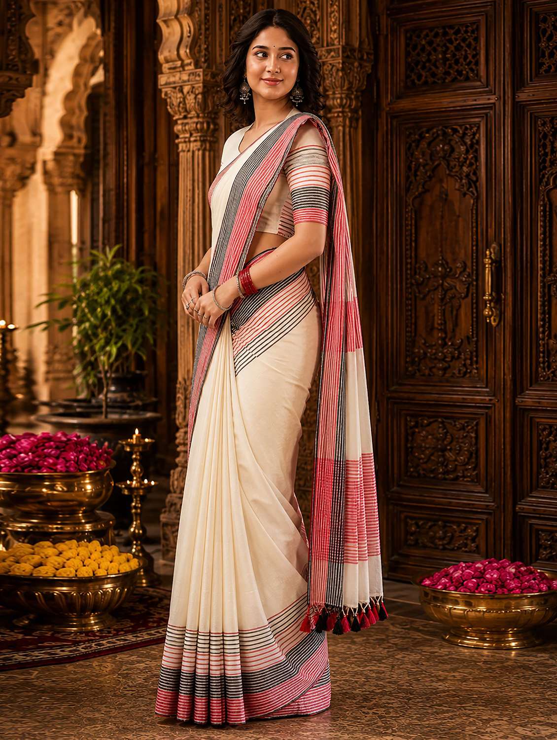 women solid with bordered handloom saree with blouse - 22566054 -  Standard Image - 1