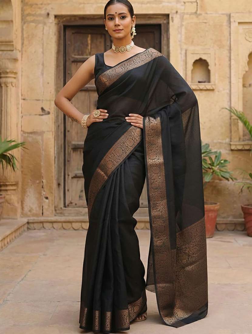 women solid with bordered saree with blouse - 22566778 -  Standard Image - 1