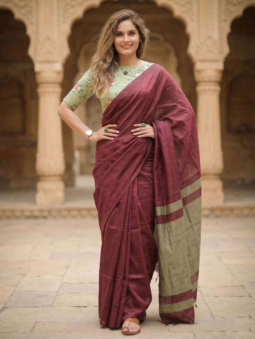 women solid handloom saree with blouse - 22566790 -  Standard Image - 1