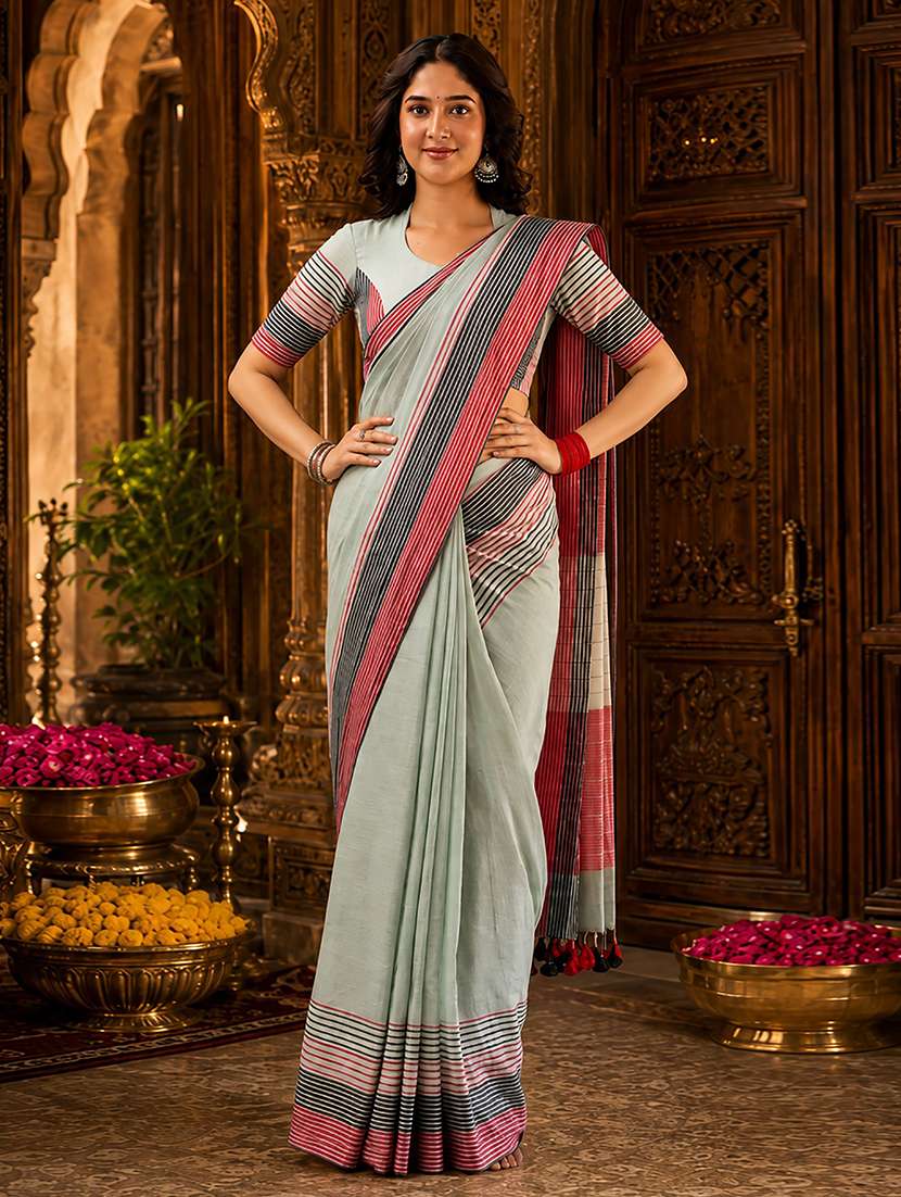 women striped handloom saree with blouse - 22566834 -  Standard Image - 1