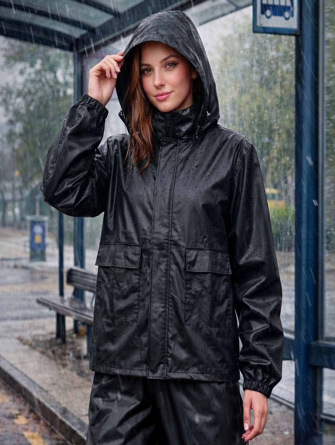 women solid long sleeves hooded rain suit set - 22567314 -  Standard Image - 1
