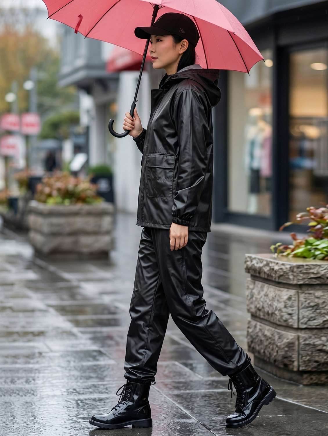 women solid long sleeves hooded rain suit set - 22567315 -  Standard Image - 1