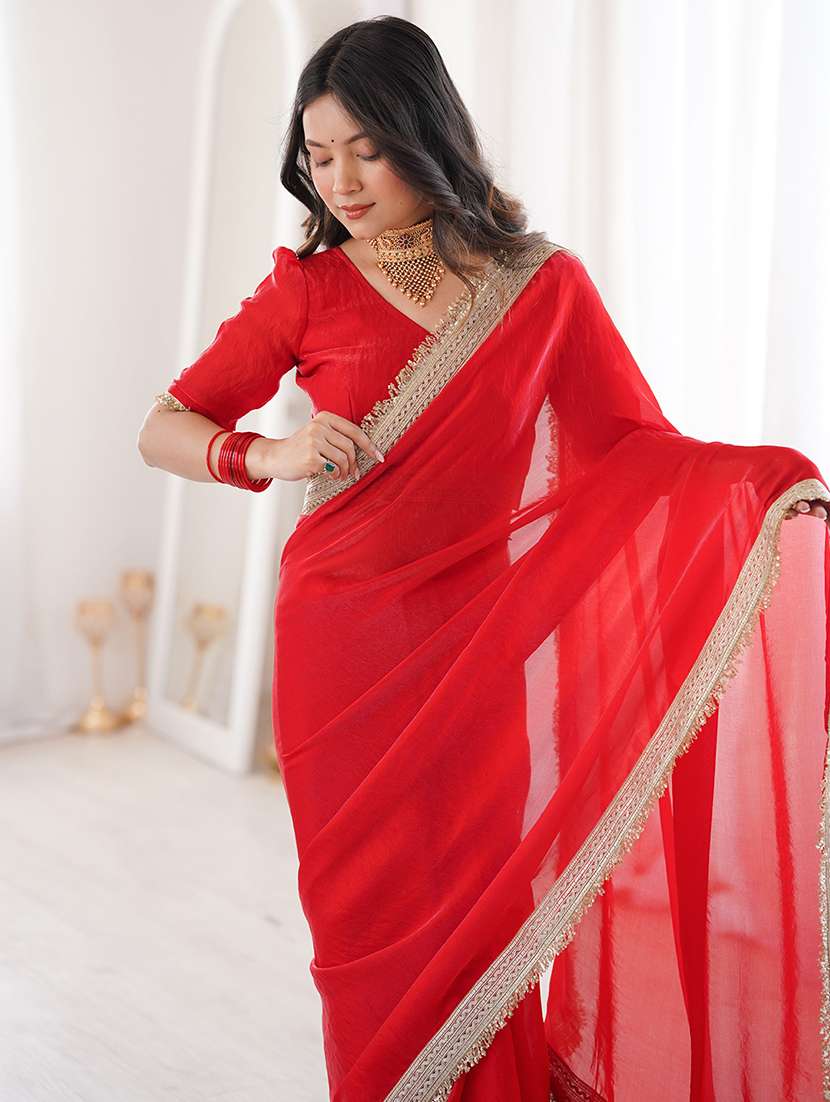 women solid with bordered saree with blouse - 22567631 -  Standard Image - 1