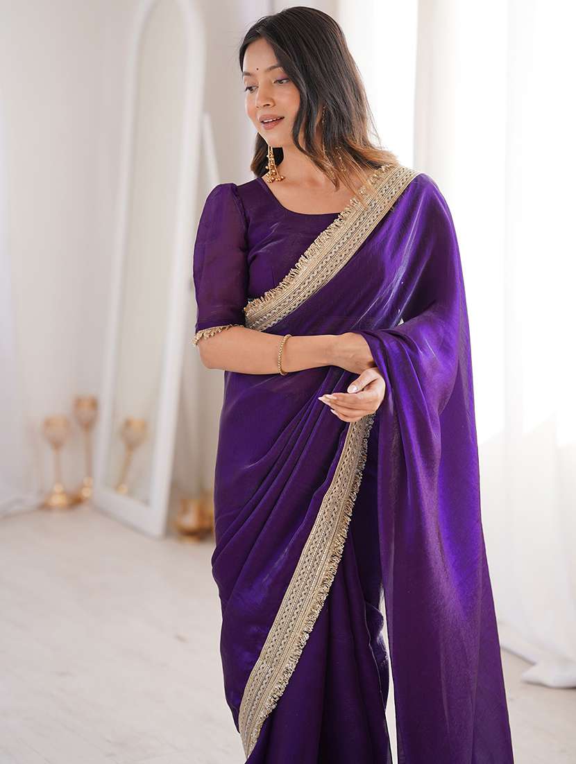 Women Solid With Bordered Saree With Blouse - 22567632 -  Standard Image - 1