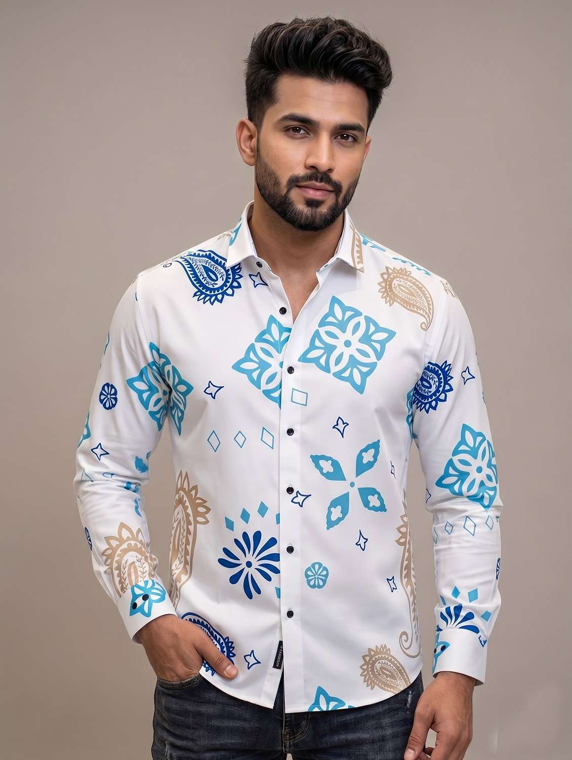 men printed long sleeves casual shirt