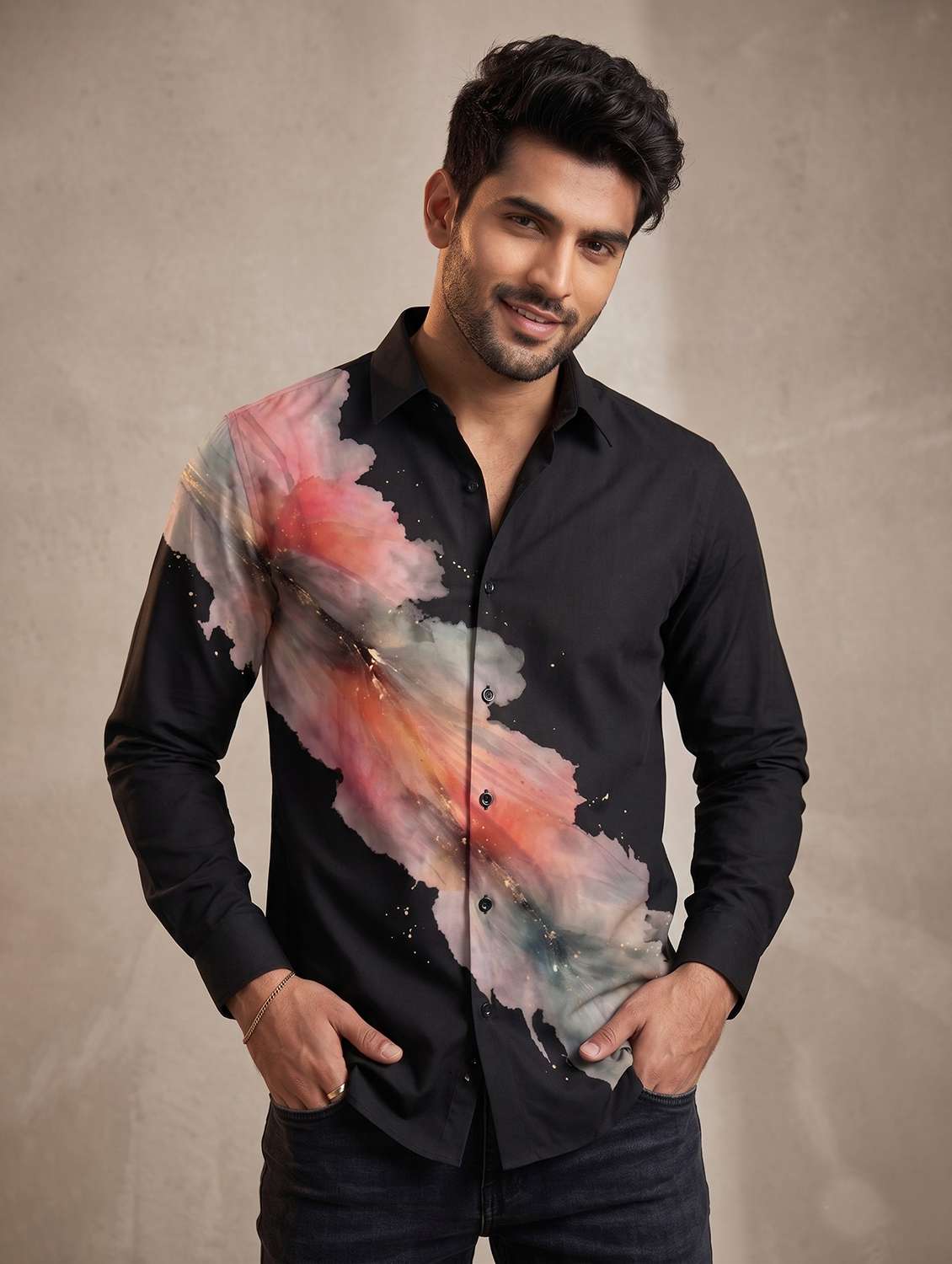 men printed long sleeves casual shirt
