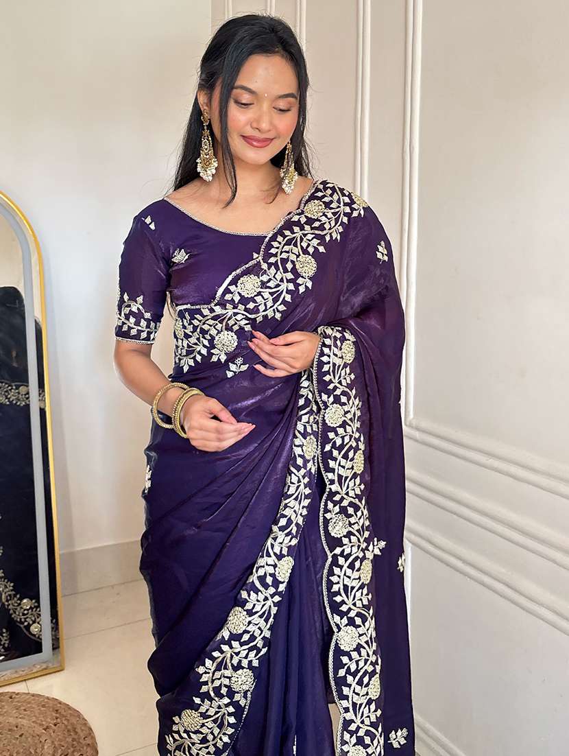 women solid with work embroidered saree with blouse - 22567660 -  Standard Image - 1