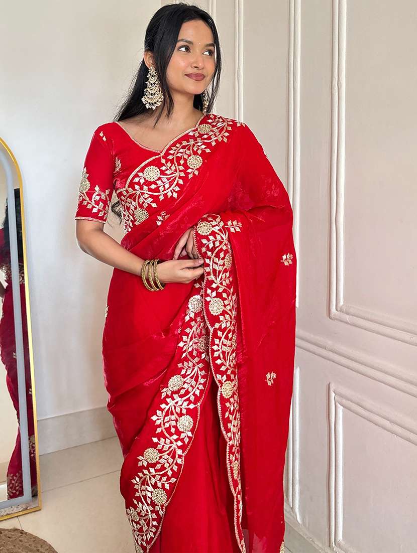 women solid with work embroidered saree with blouse - 22567661 -  Standard Image - 1
