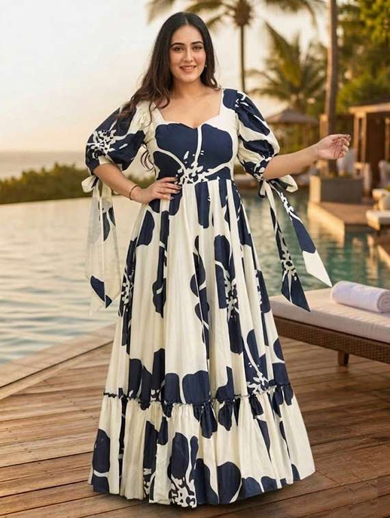 women printed puff sleeves tiered dress