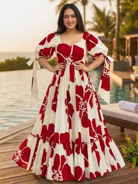 women printed puff sleeves tiered dress