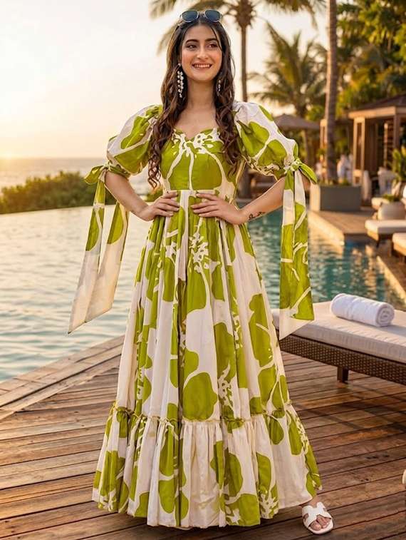 women printed puff sleeves tiered dress