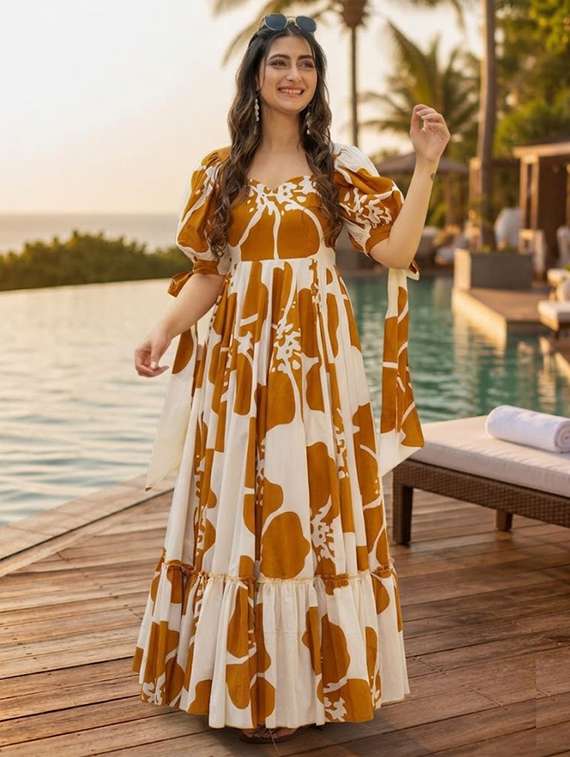 women printed puff sleeves tiered dress