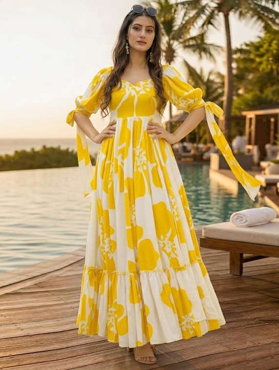 women printed puff sleeves tiered dress