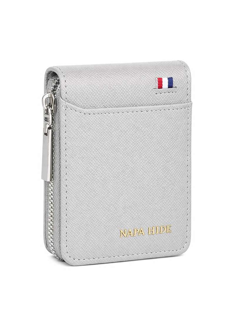 grey leather wallet with zip closure and 9 card slots