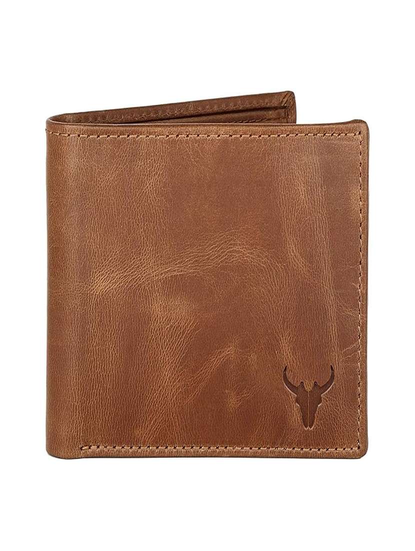 brown leather bi-fold wallet with embossed logo
