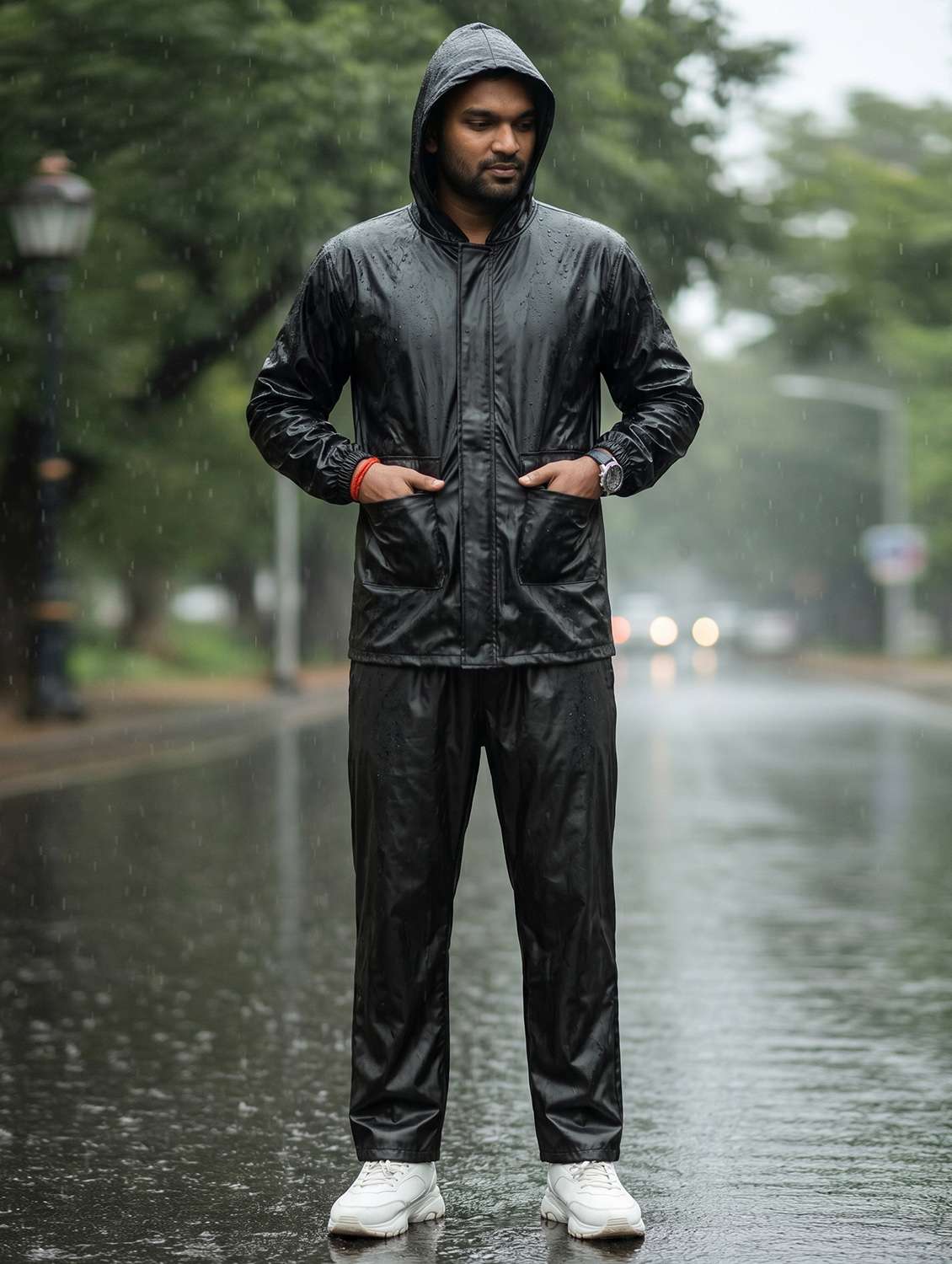 men solid long sleeves hooded rain suit set - 22567794 -  Standard Image - 1
