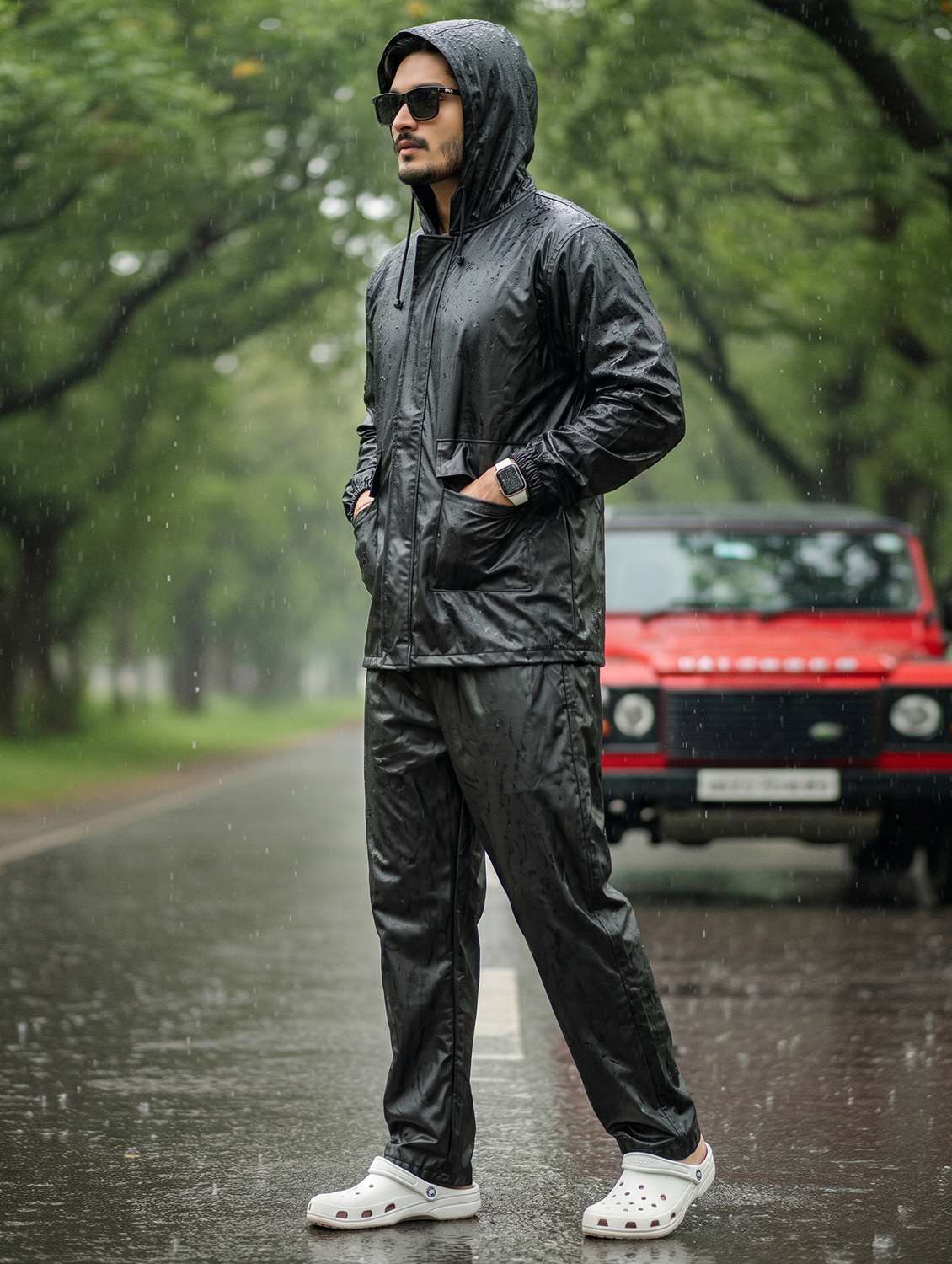 men solid long sleeves hooded rain suit set - 22567795 -  Standard Image - 1