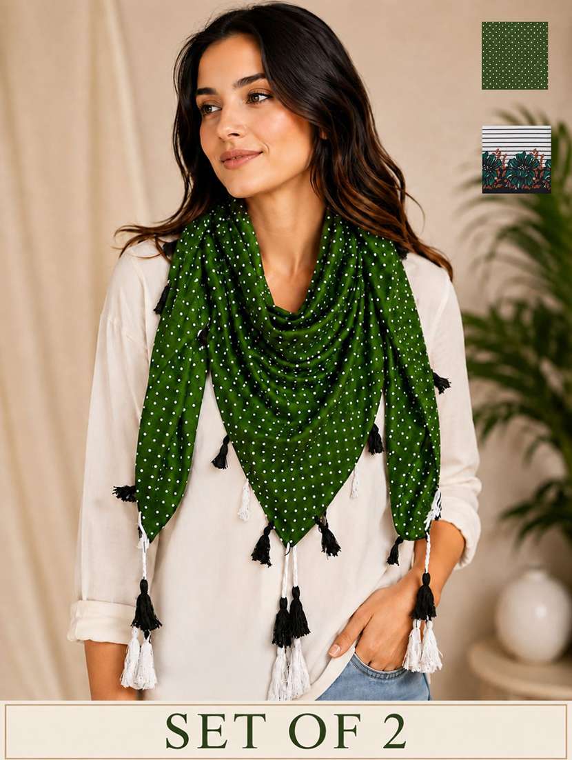 women pack of 2 printed scarf featuring with tassels