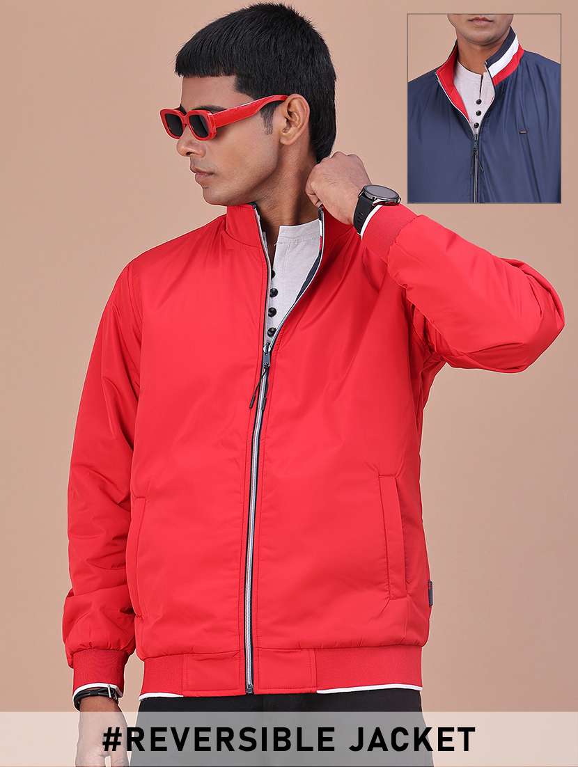 men solid long sleeves reversible bomber jacket