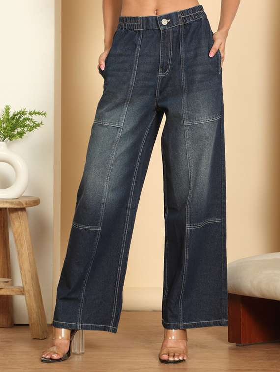 women washed mid rise wide leg jeans