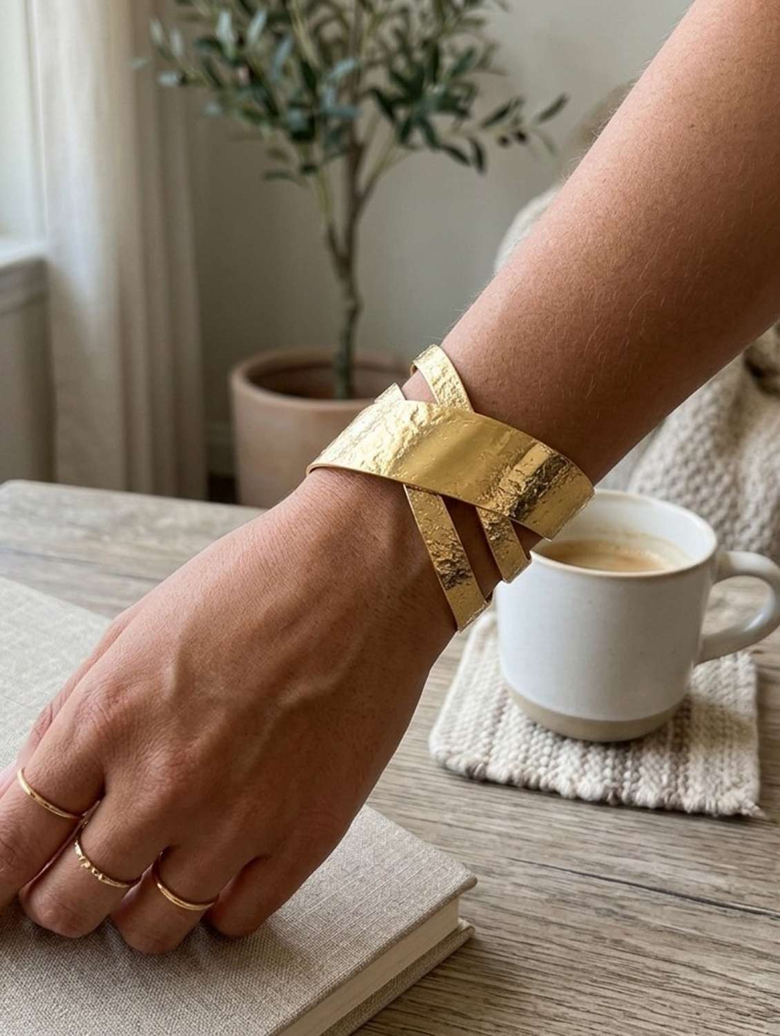 women gold textured wide cuff bangle
