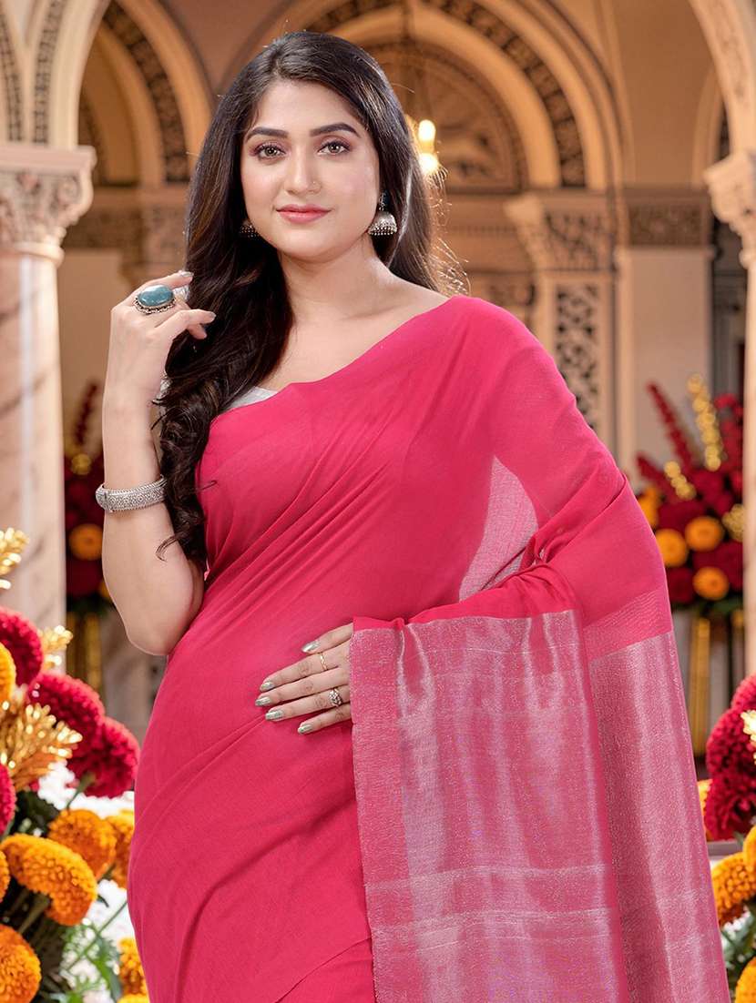 women solid handloom saree with blouse - 22569475 -  Standard Image - 1